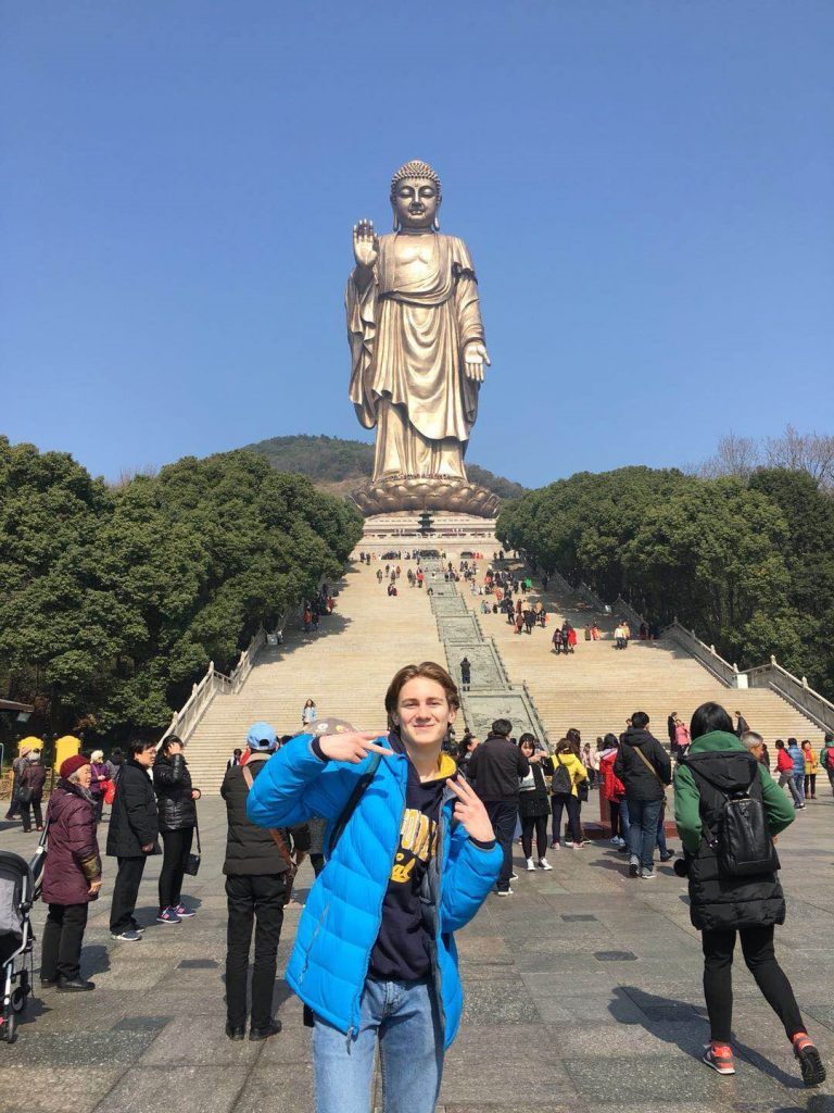 Exchange student Sam Guyer in Wuxi at Grand Buddha at Ling Mountain 